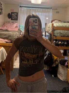 Urban Outfitters Brown-Trim Olive Crewneck Tee